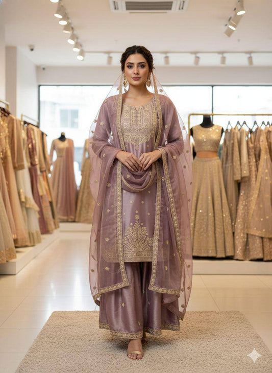 Lilac zimmy choo coding sequence embroidery top, sharara and dupatta set