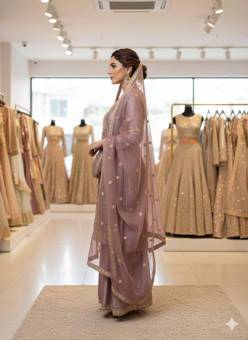 Lilac zimmy choo coding sequence embroidery top, sharara and dupatta set