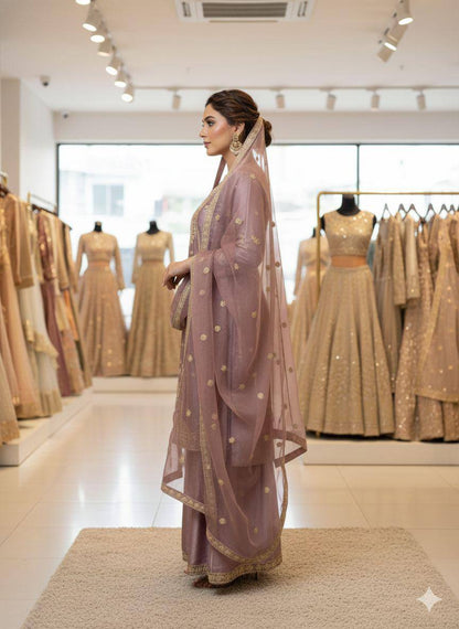 Lilac zimmy choo coding sequence embroidery top, sharara and dupatta set