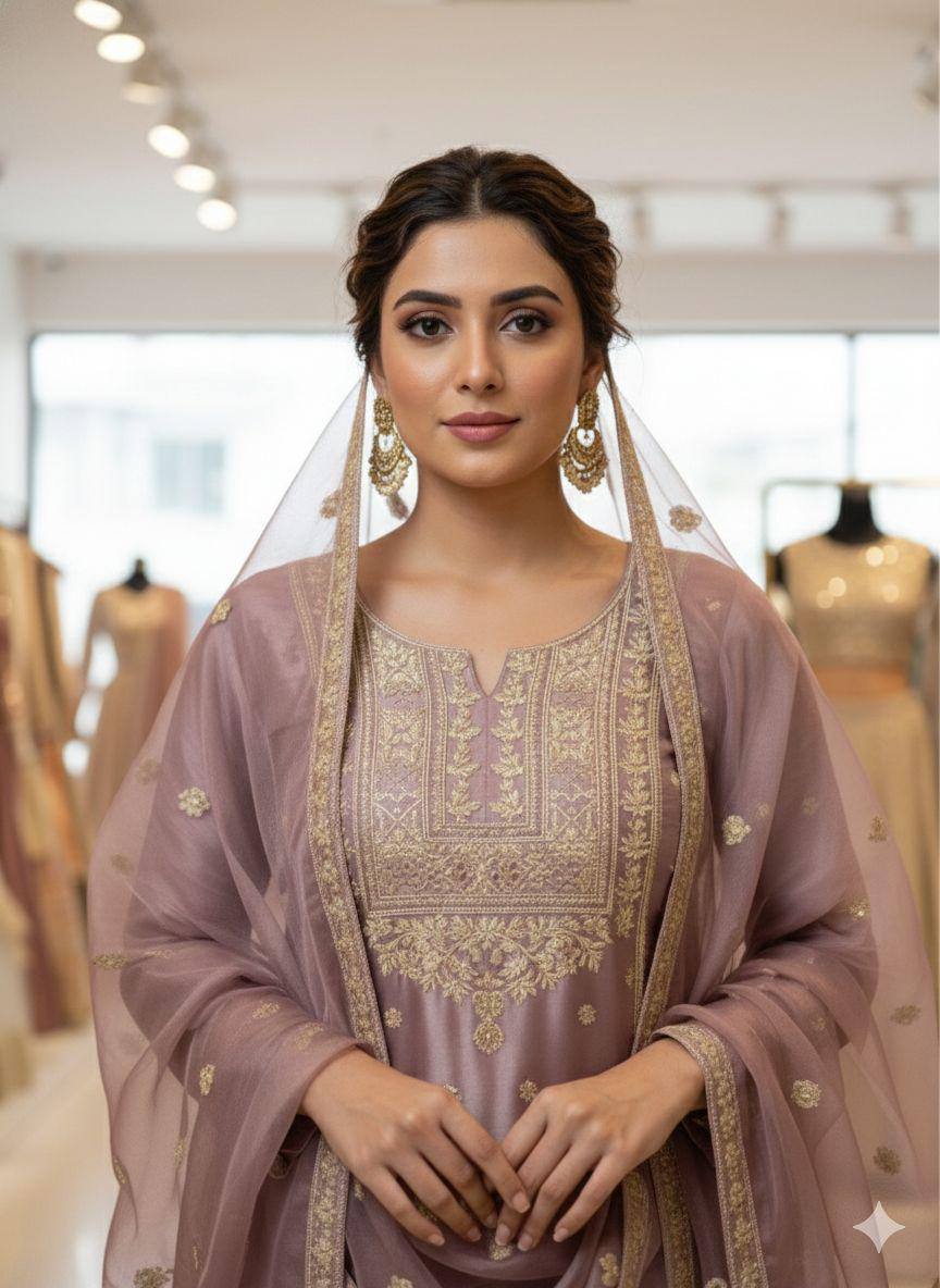 Lilac zimmy choo coding sequence embroidery top, sharara and dupatta set