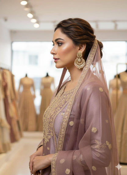 Lilac zimmy choo coding sequence embroidery top, sharara and dupatta set