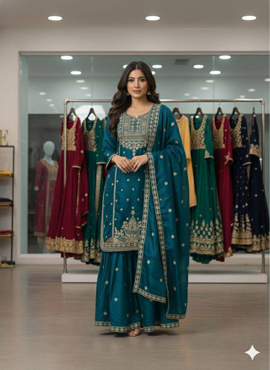 Blue zimmy choo coding sequence embroidery top, sharara and dupatta set