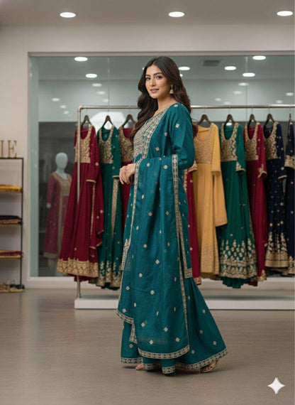Blue zimmy choo coding sequence embroidery top, sharara and dupatta set