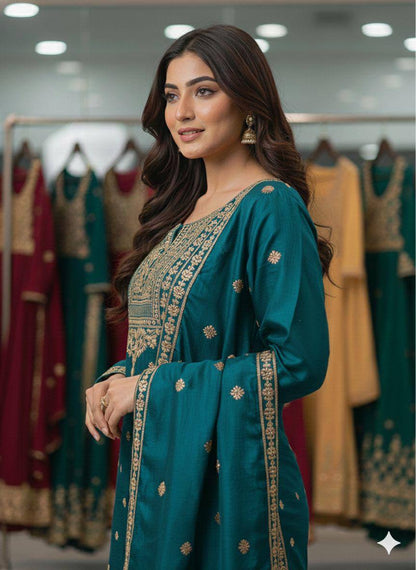 Blue zimmy choo coding sequence embroidery top, sharara and dupatta set