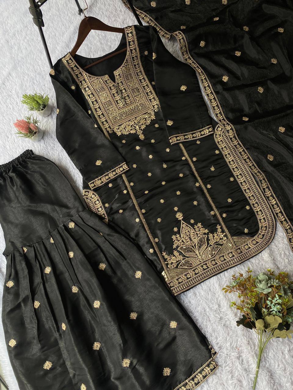 Black zimmy choo coding sequence embroidery top, sharara and dupatta set