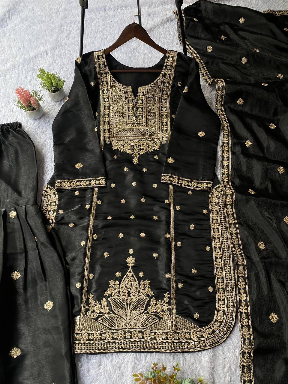 Black zimmy choo coding sequence embroidery top, sharara and dupatta set