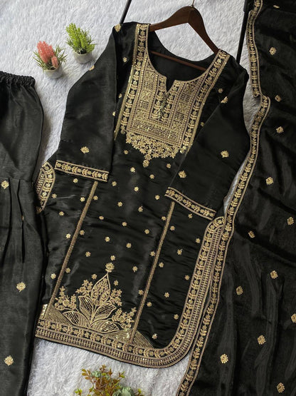 Black zimmy choo coding sequence embroidery top, sharara and dupatta set