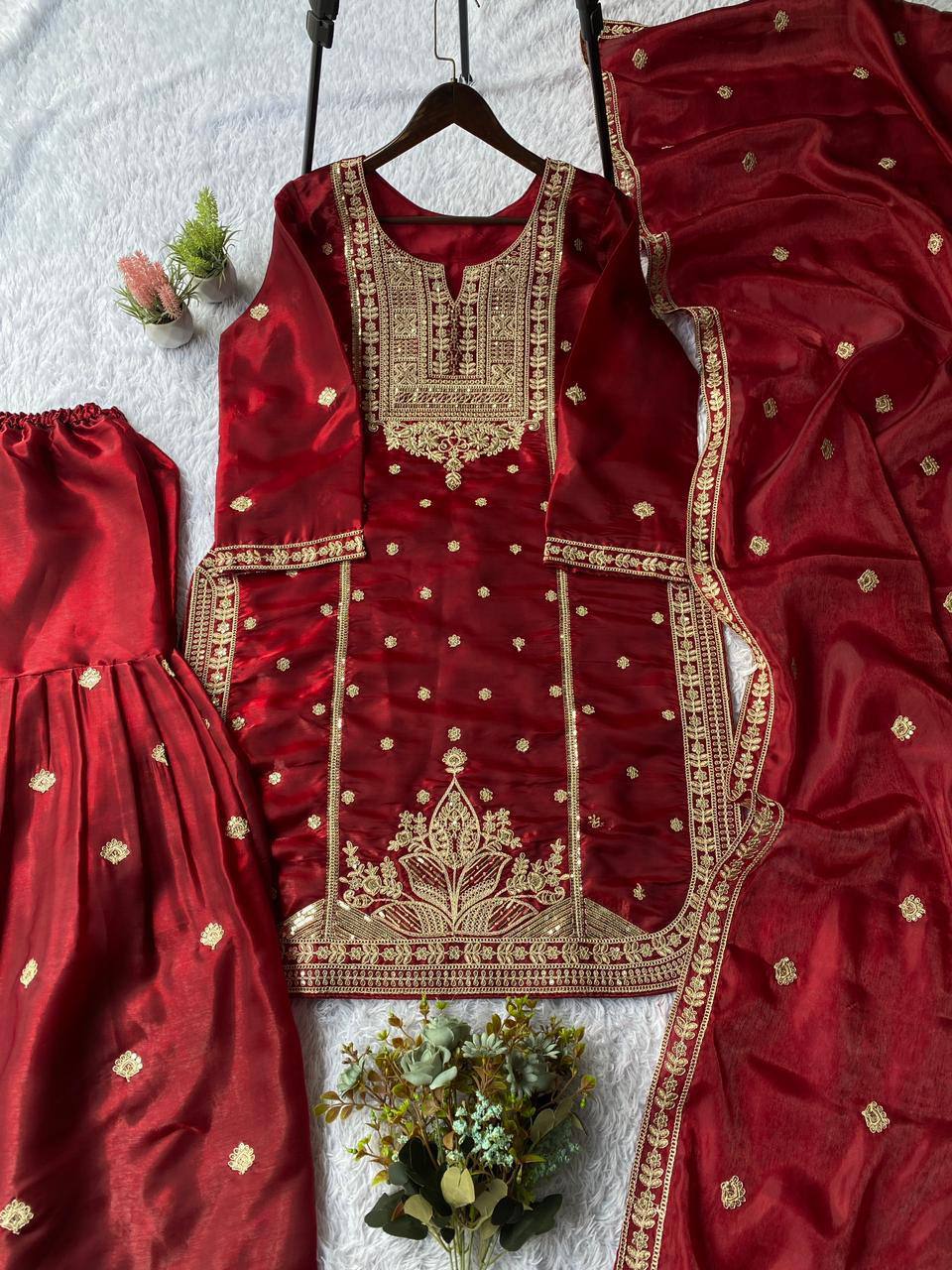 Maroon zimmy choo coding sequence embroidery top, sharara and dupatta set