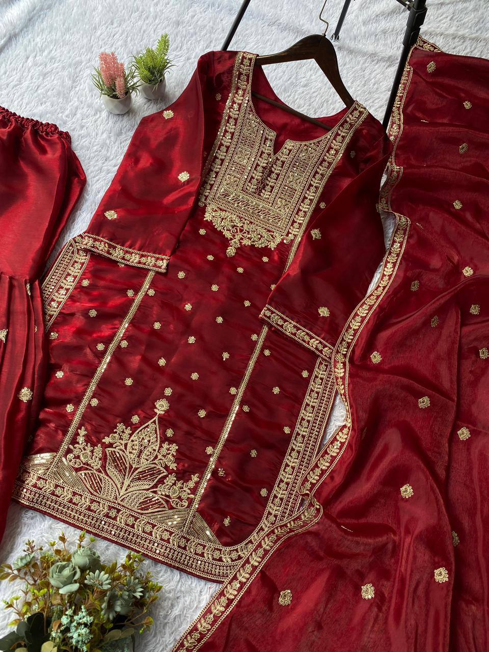 Maroon zimmy choo coding sequence embroidery top, sharara and dupatta set