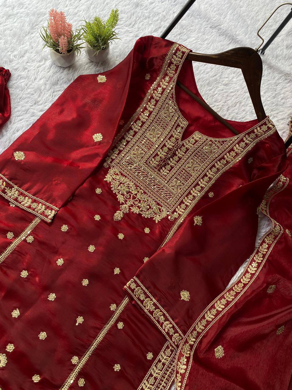 Maroon zimmy choo coding sequence embroidery top, sharara and dupatta set
