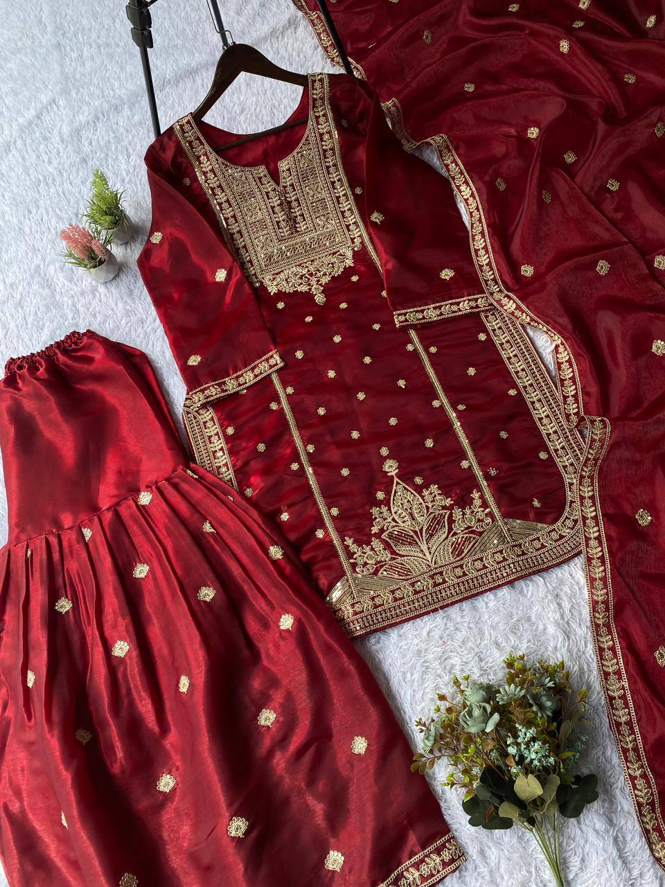 Maroon zimmy choo coding sequence embroidery top, sharara and dupatta set