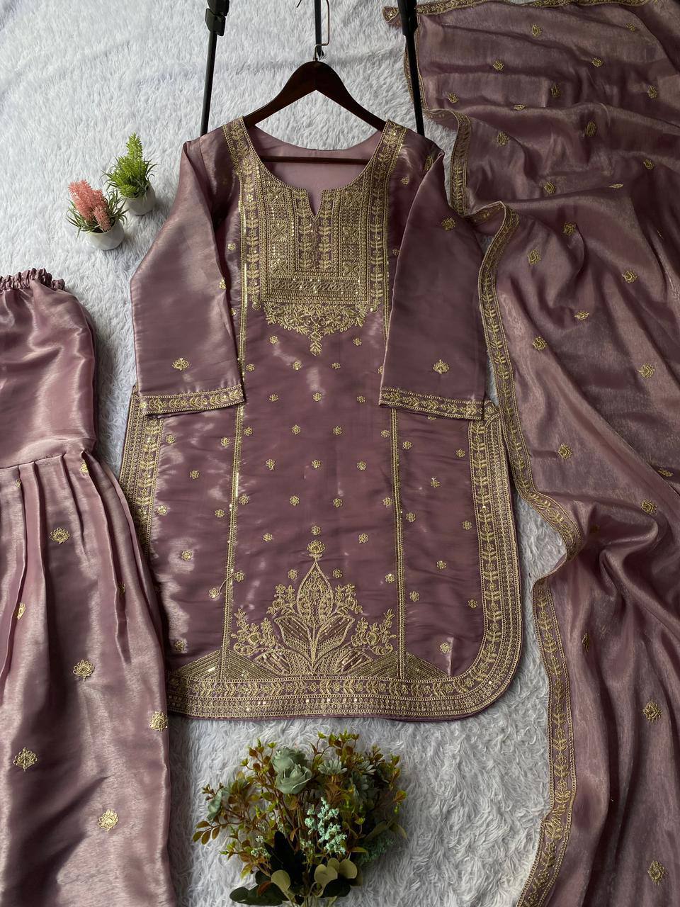 Lilac zimmy choo coding sequence embroidery top, sharara and dupatta set