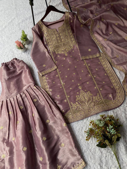 Lilac zimmy choo coding sequence embroidery top, sharara and dupatta set