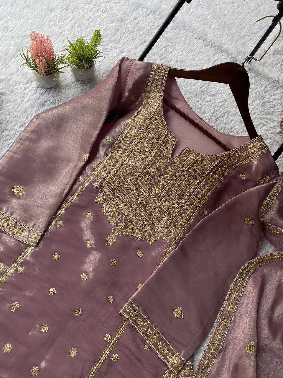 Lilac zimmy choo coding sequence embroidery top, sharara and dupatta set