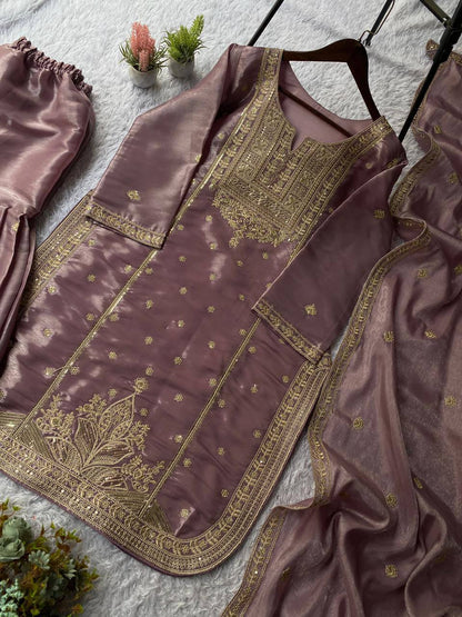 Lilac zimmy choo coding sequence embroidery top, sharara and dupatta set