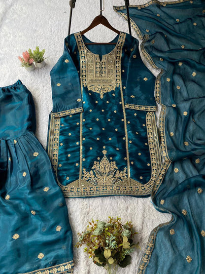 Blue zimmy choo coding sequence embroidery top, sharara and dupatta set