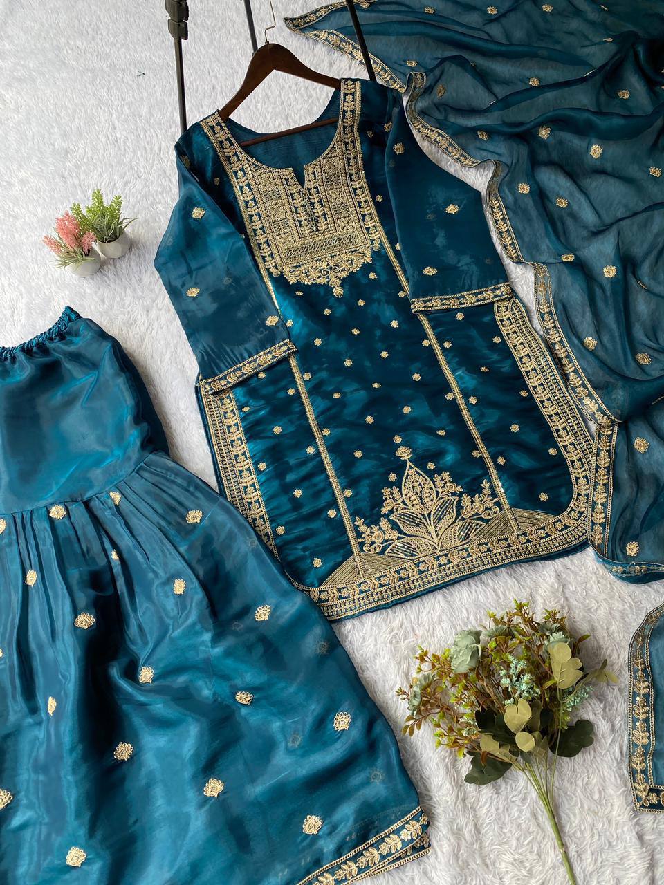 Blue zimmy choo coding sequence embroidery top, sharara and dupatta set
