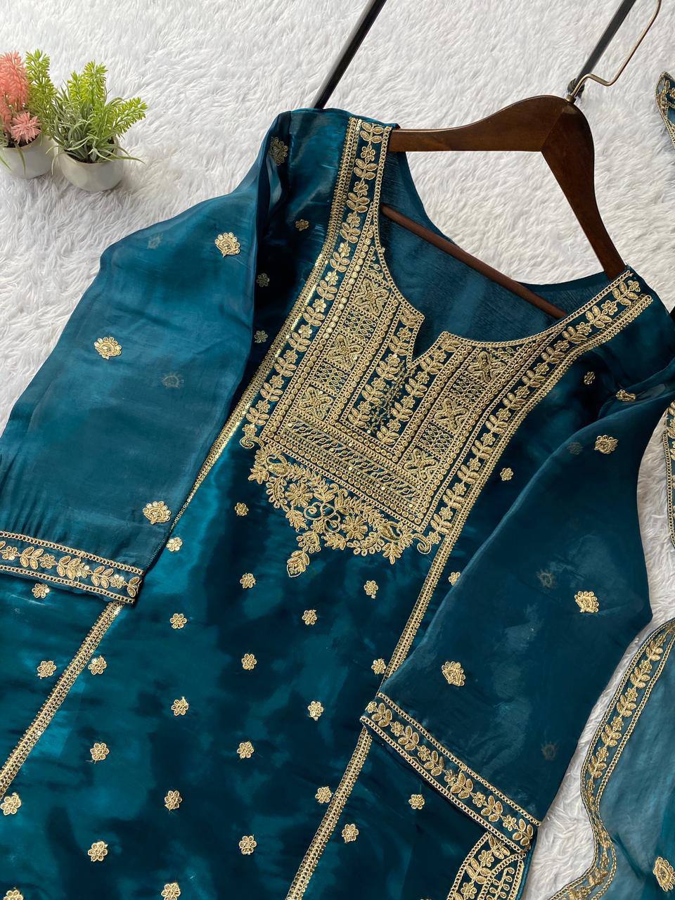 Blue zimmy choo coding sequence embroidery top, sharara and dupatta set