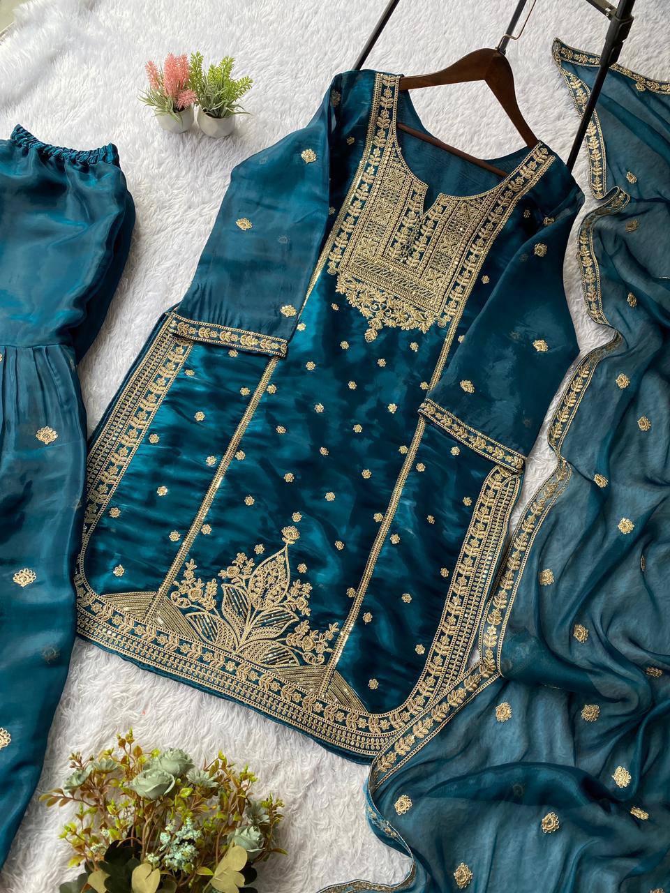 Blue zimmy choo coding sequence embroidery top, sharara and dupatta set