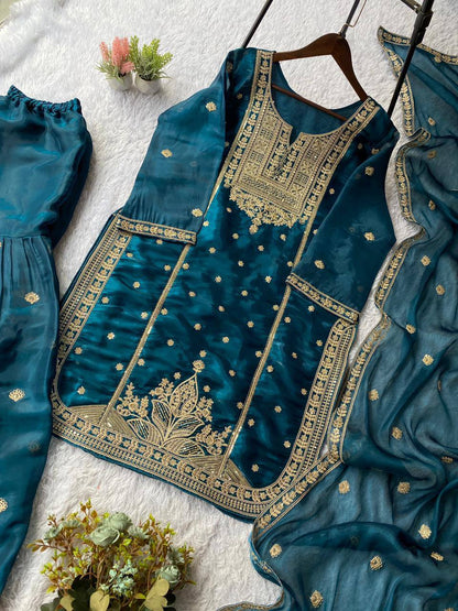 Blue zimmy choo coding sequence embroidery top, sharara and dupatta set