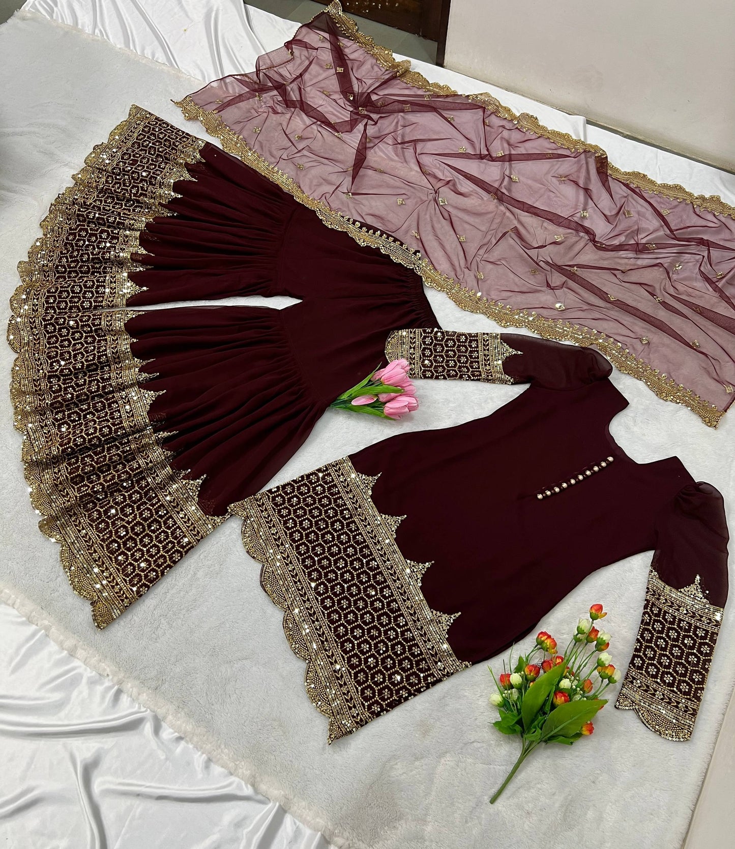 Maroon faux georgette embroidery sequence work top, sharara & dupatta