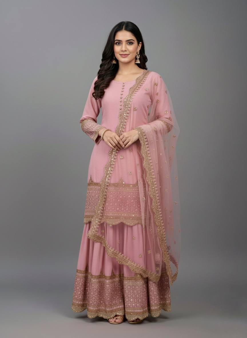 Pink faux georgette embroidery sequence work top, sharara & dupatta