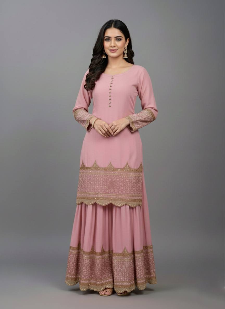 Pink faux georgette embroidery sequence work top, sharara & dupatta