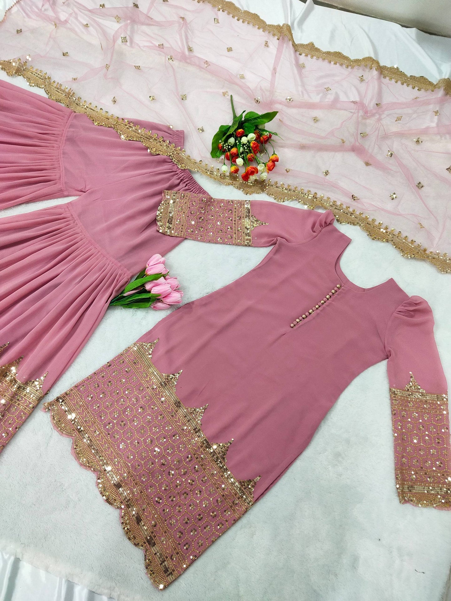Pink faux georgette embroidery sequence work top, sharara & dupatta