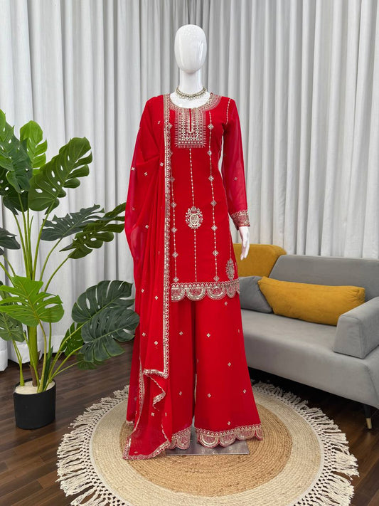 Red faux georgette thread with sequence work top-palazzo and dupatta set