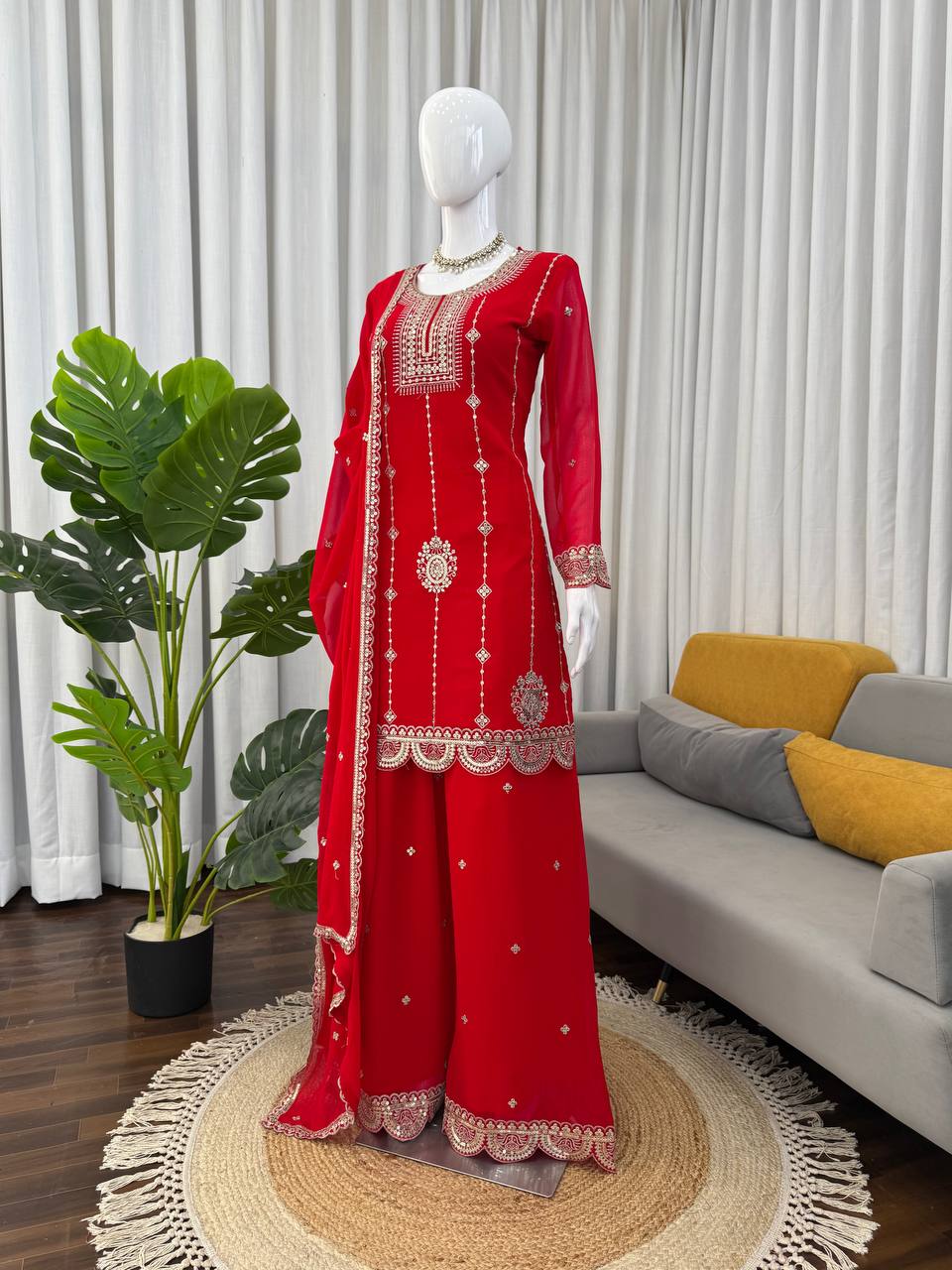 Red faux georgette thread with sequence work top-palazzo and dupatta set