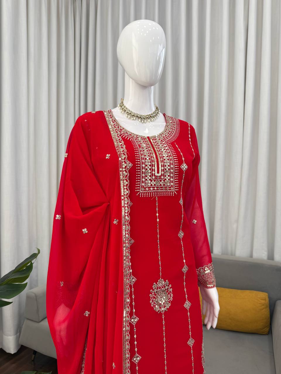 Red faux georgette thread with sequence work top-palazzo and dupatta set