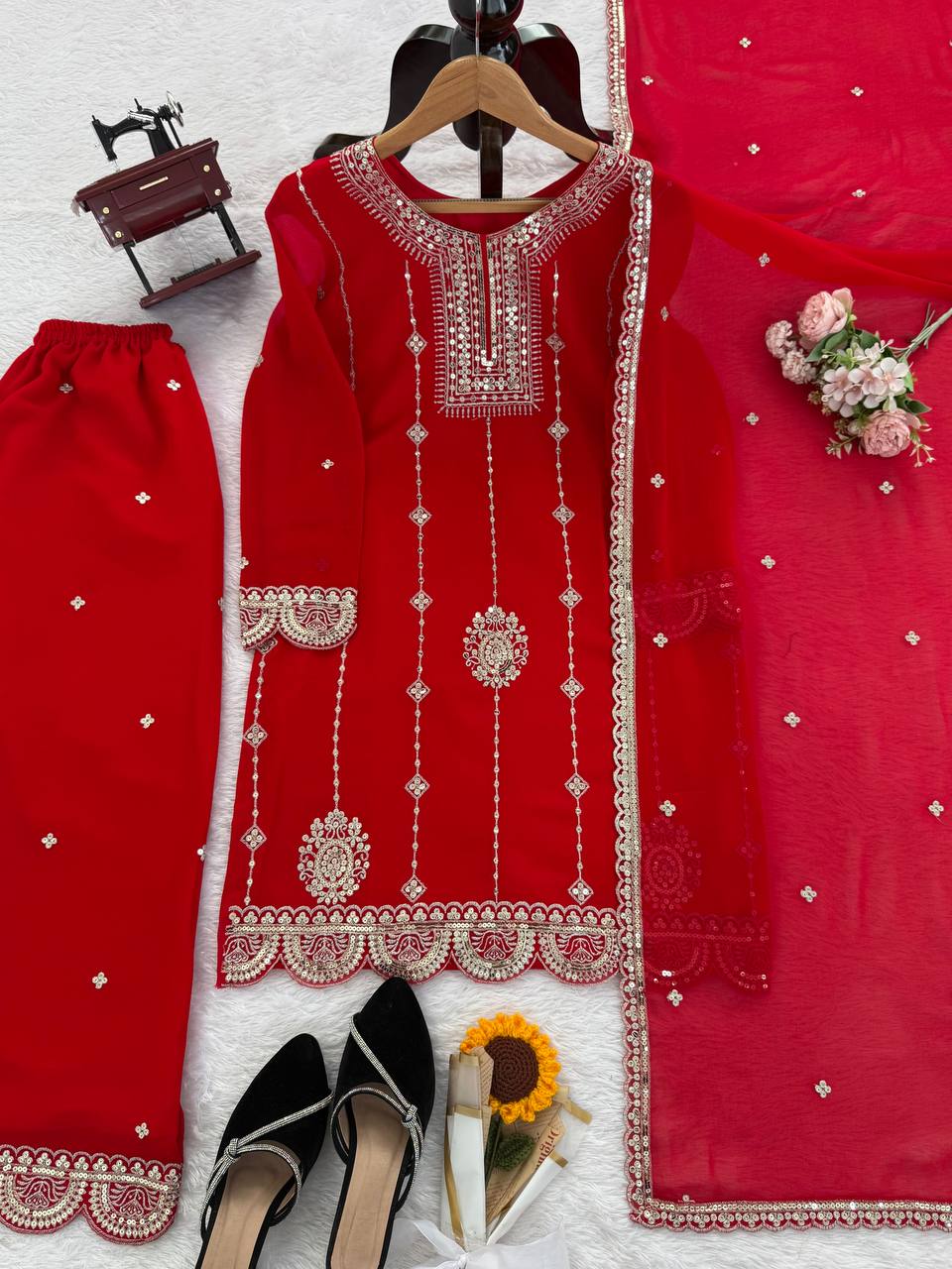 Red faux georgette thread with sequence work top-palazzo and dupatta set