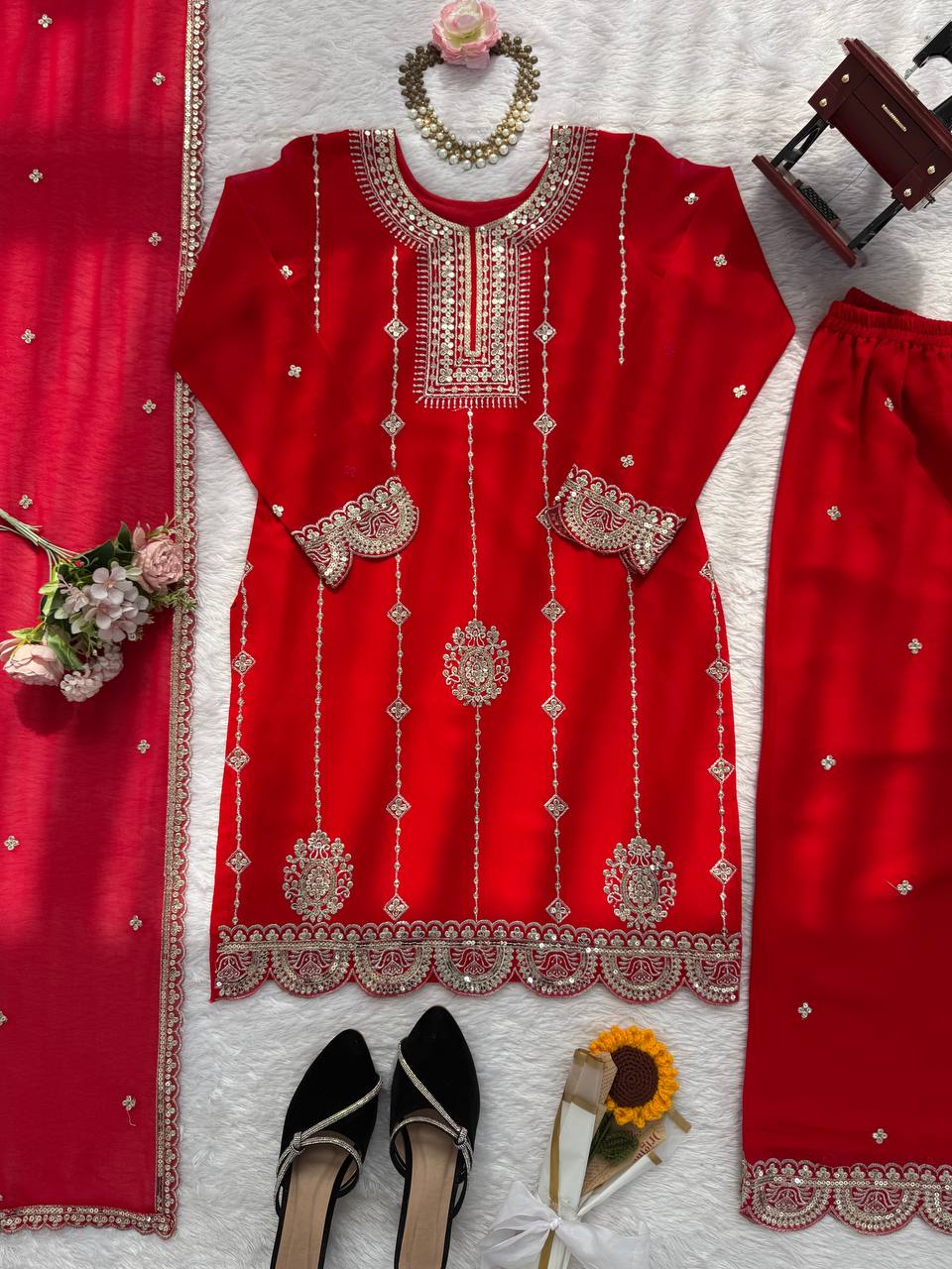 Red faux georgette thread with sequence work top-palazzo and dupatta set