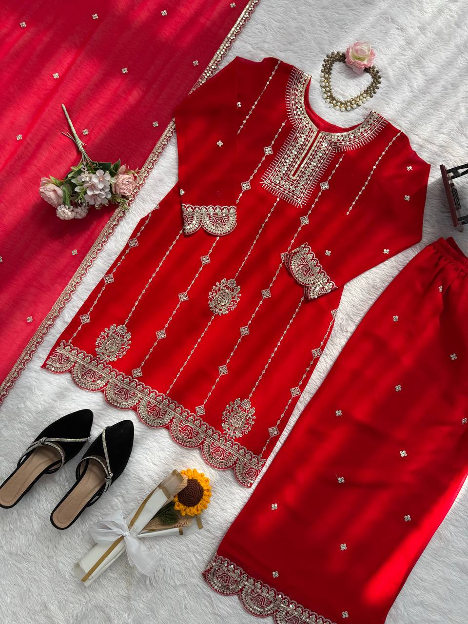 Red faux georgette thread with sequence work top-palazzo and dupatta set