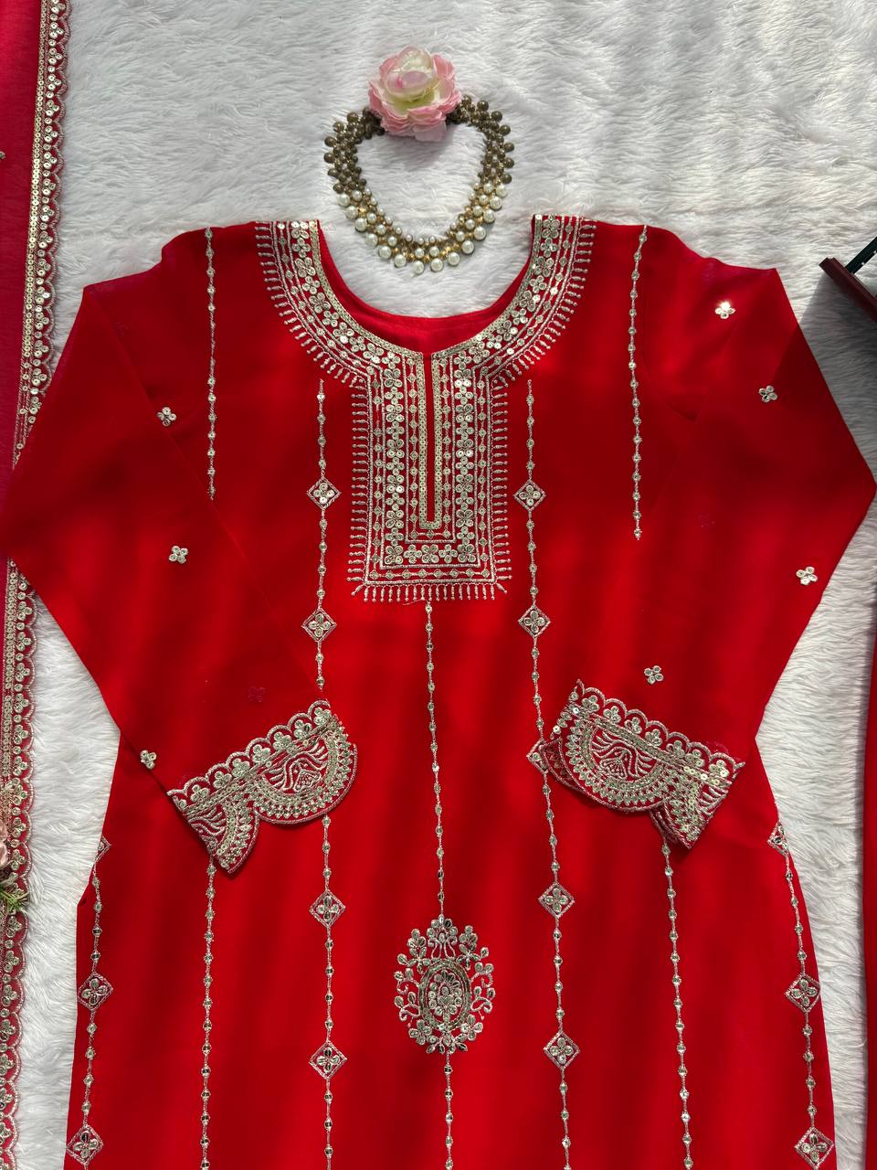 Red faux georgette thread with sequence work top-palazzo and dupatta set