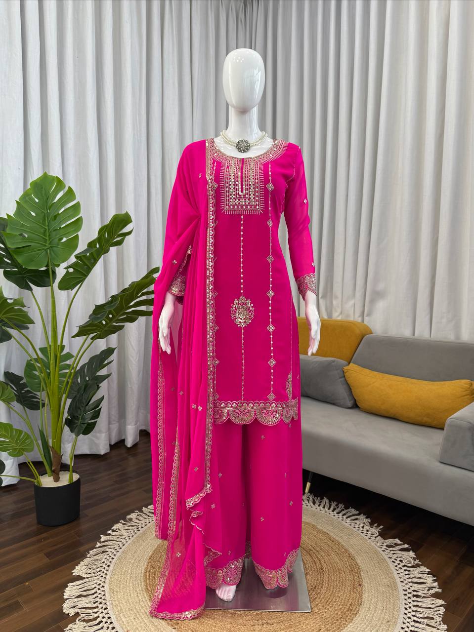 Pink faux georgette thread with sequence work top-palazzo and dupatta set