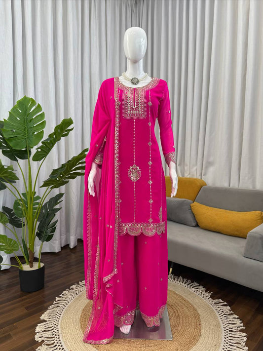Pink faux georgette thread with sequence work top-palazzo and dupatta set