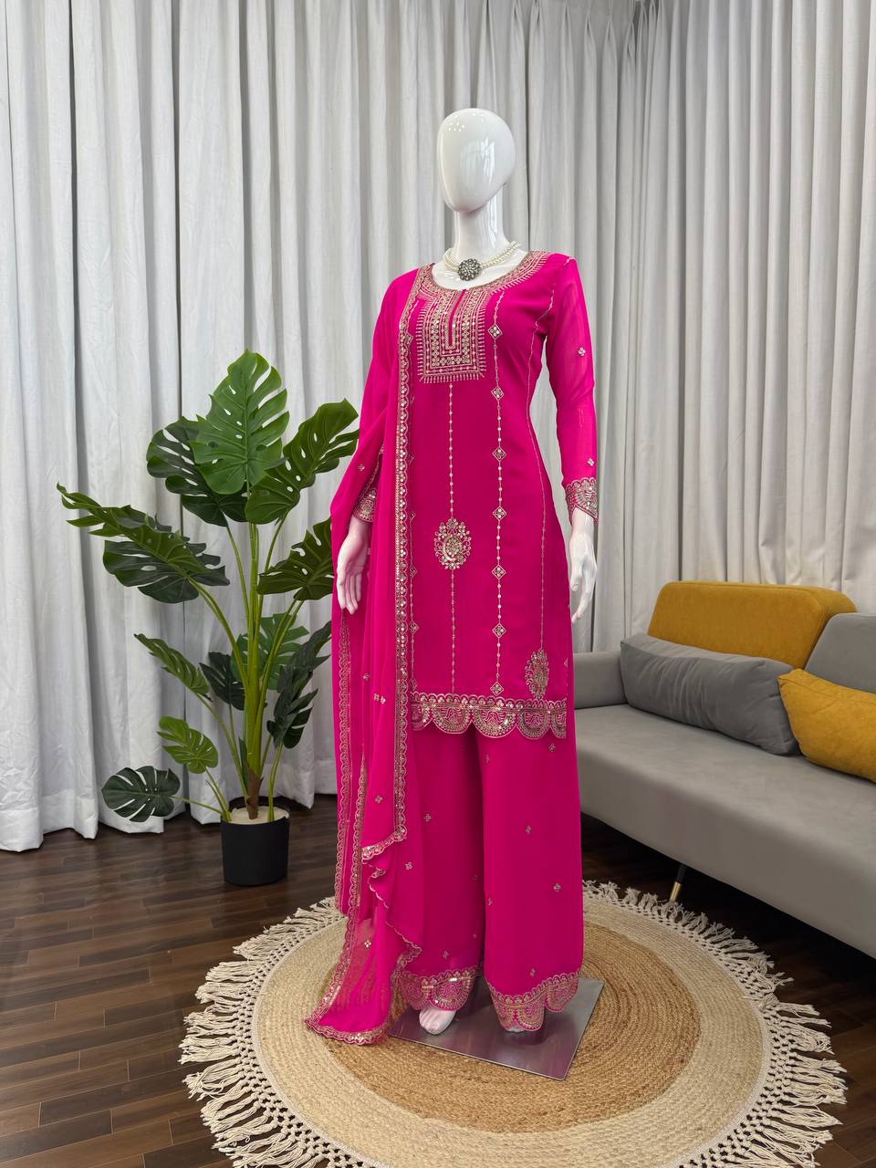 Pink faux georgette thread with sequence work top-palazzo and dupatta set