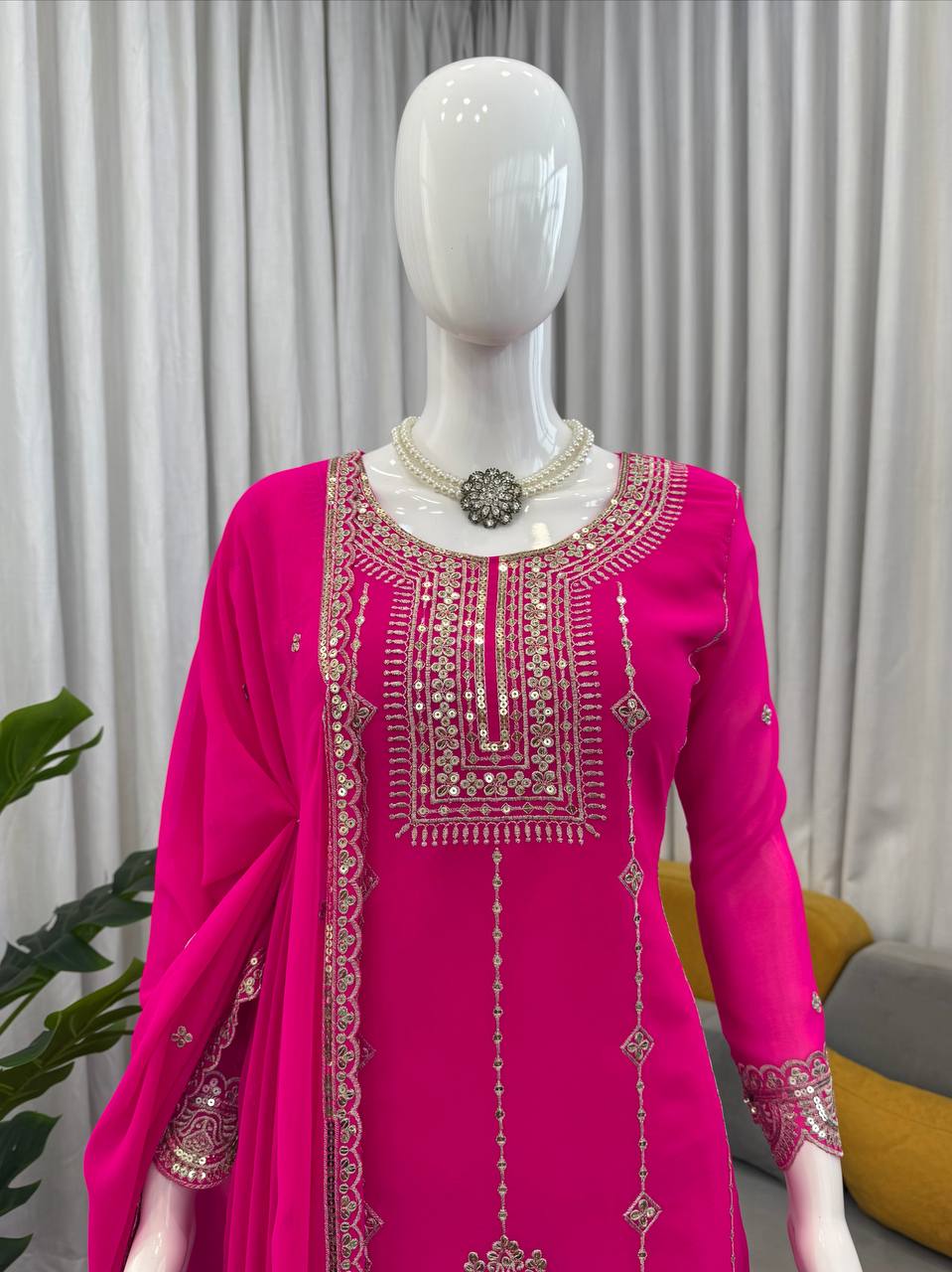 Pink faux georgette thread with sequence work top-palazzo and dupatta set