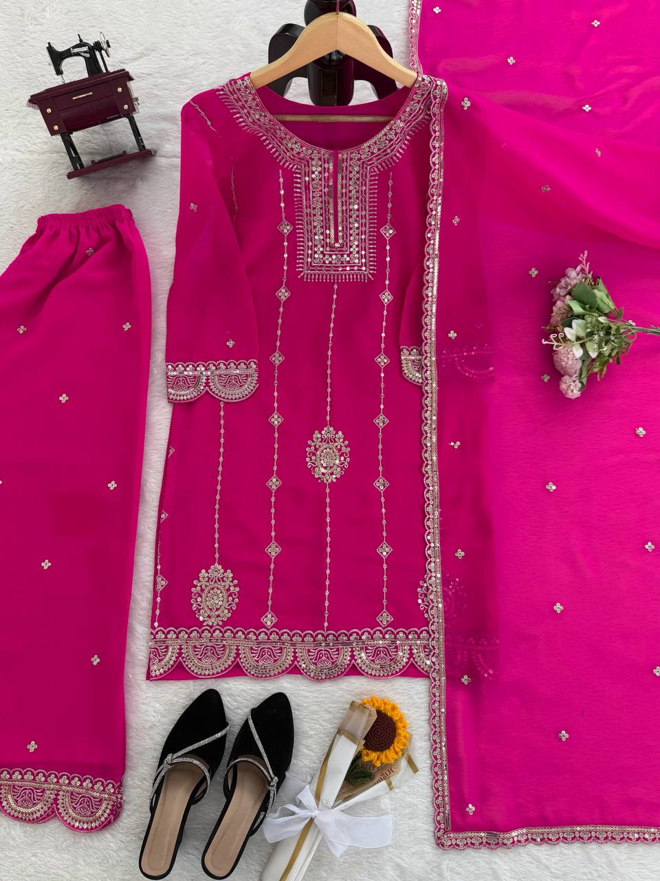 Pink faux georgette thread with sequence work top-palazzo and dupatta set