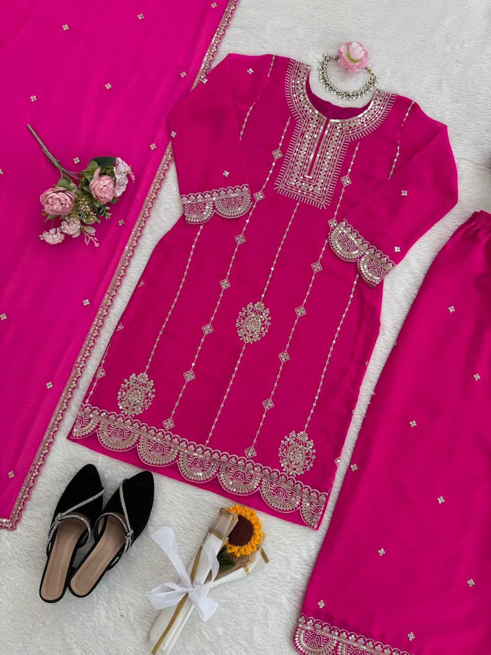 Pink faux georgette thread with sequence work top-palazzo and dupatta set
