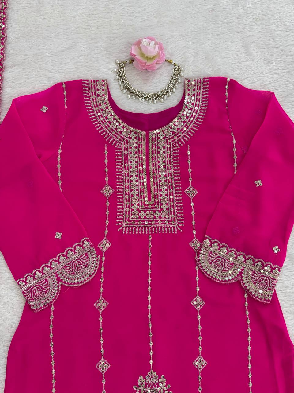 Pink faux georgette thread with sequence work top-palazzo and dupatta set