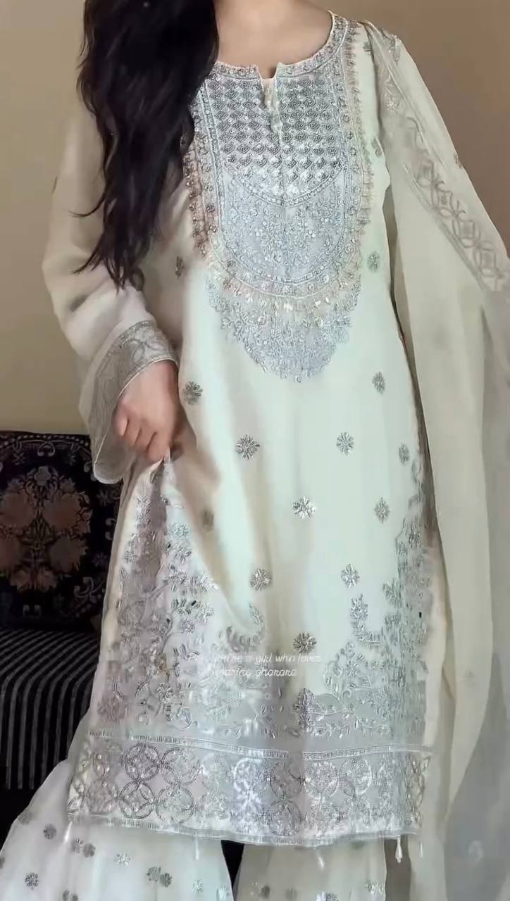 White faux georgette thread with sequence work top-palazzo and dupatta set