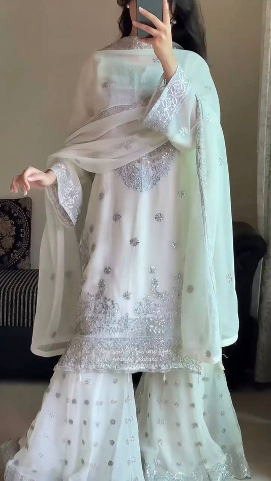 White faux georgette thread with sequence work top-palazzo and dupatta set