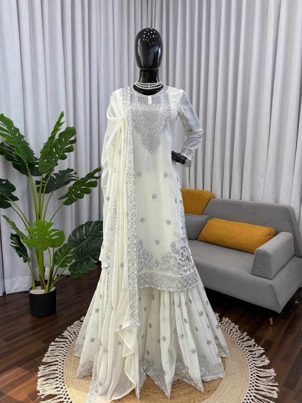 White faux georgette thread with sequence work top-palazzo and dupatta set
