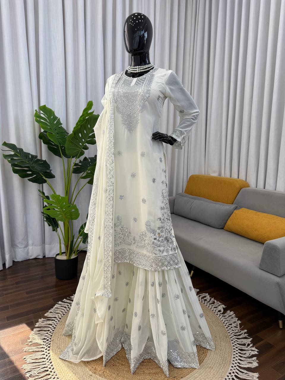 White faux georgette thread with sequence work top-palazzo and dupatta set