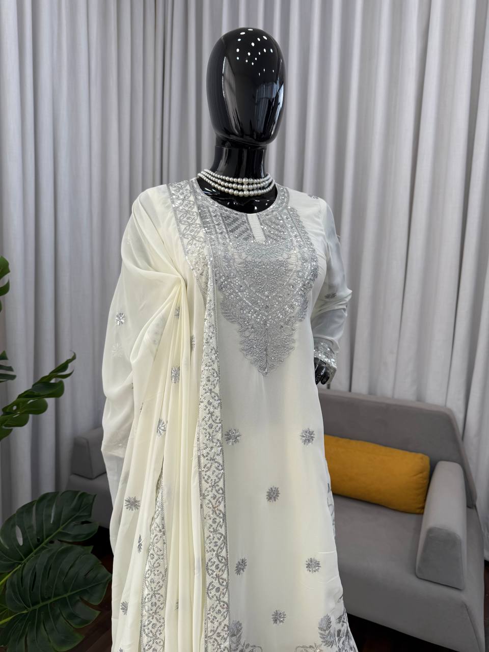 White faux georgette thread with sequence work top-palazzo and dupatta set