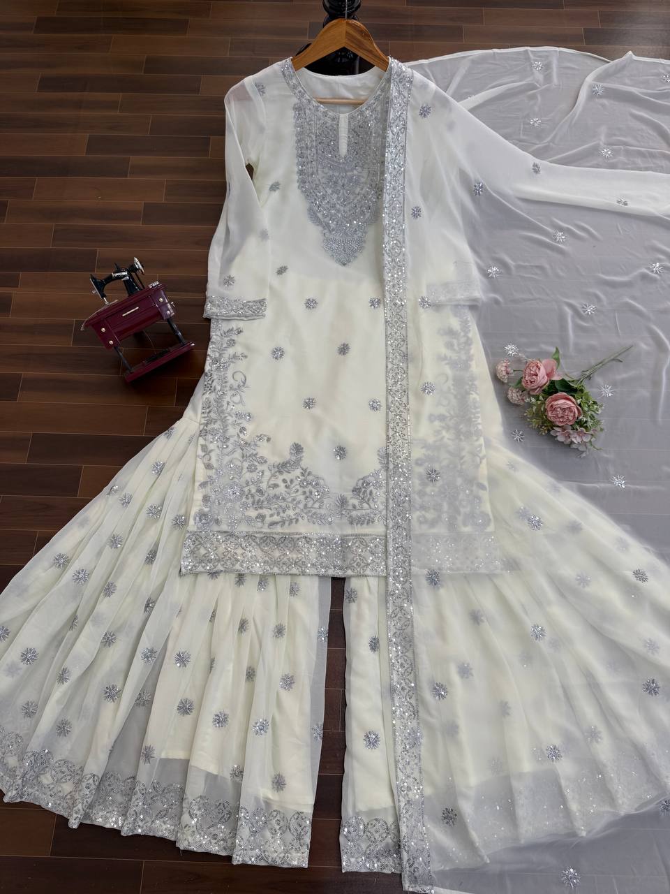 White faux georgette thread with sequence work top-palazzo and dupatta set