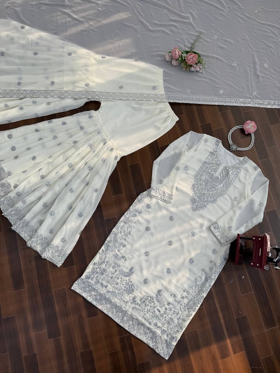 White faux georgette thread with sequence work top-palazzo and dupatta set