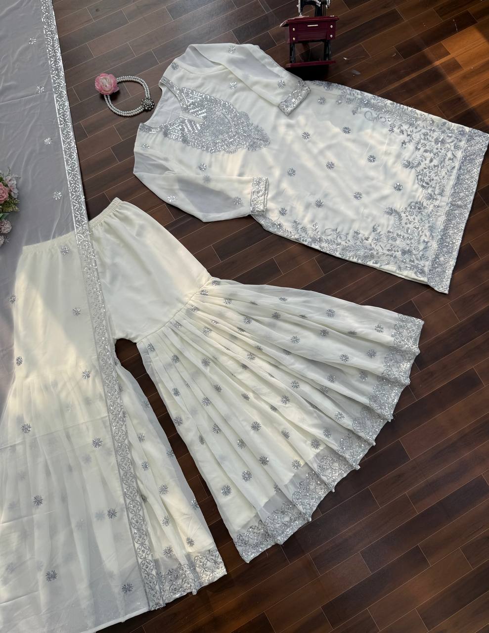 White faux georgette thread with sequence work top-palazzo and dupatta set